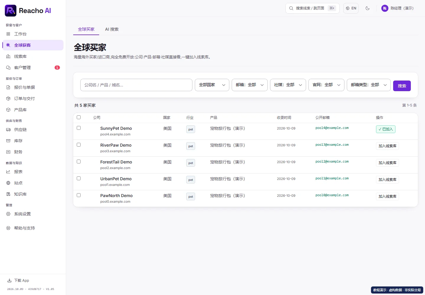 筛选全球买家并加入线索库:加入后回线索库确认的产品界面,演示数据