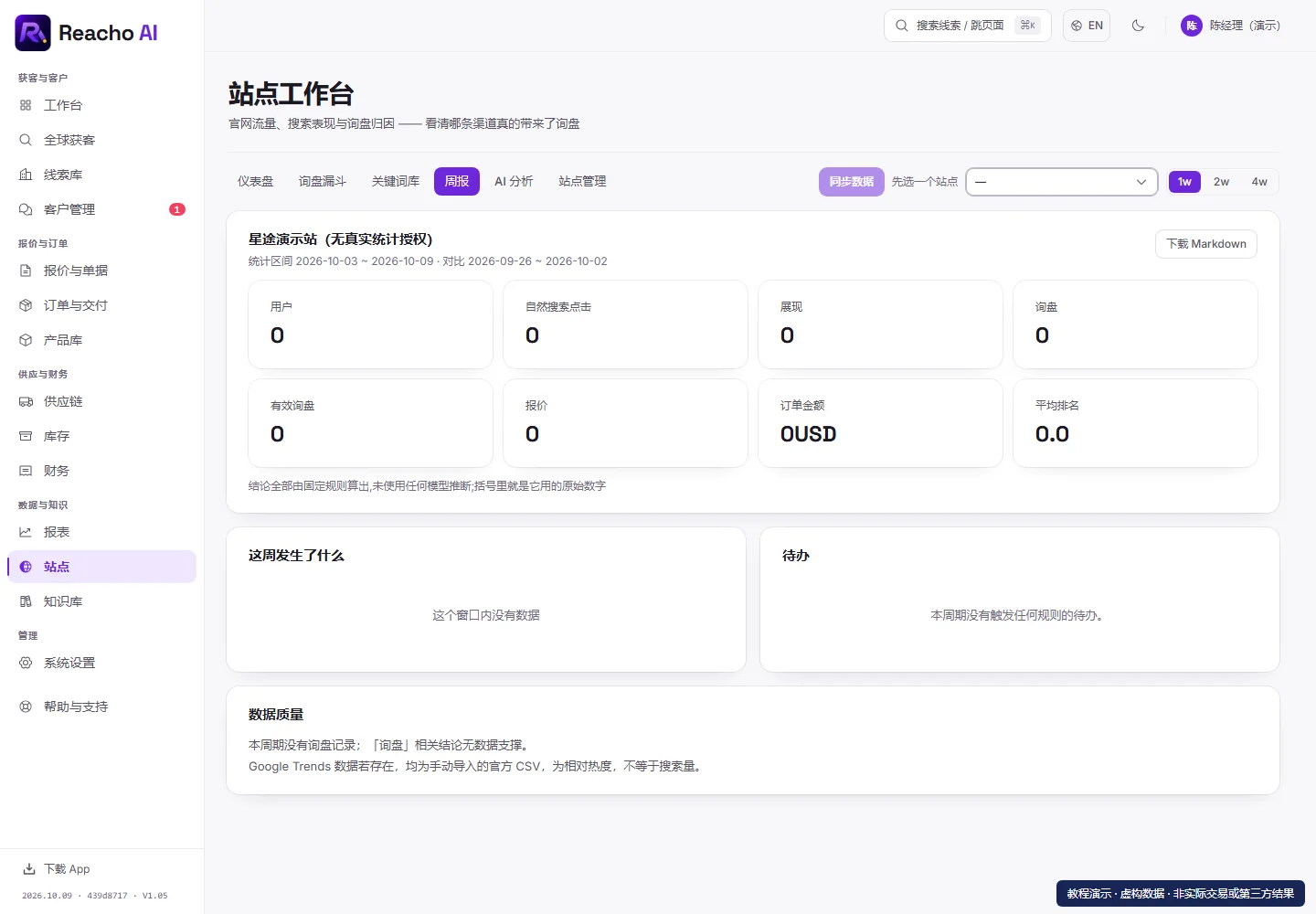 阅读站点报告和 AI 建议:先看报告的数据范围的产品界面,演示数据